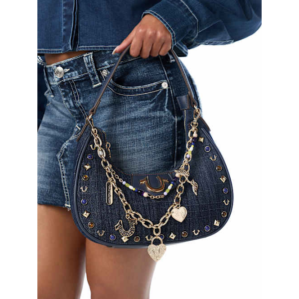 Chain And Studs Denim Hobo Shoulder Bag