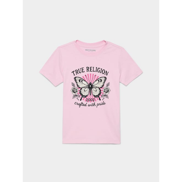 Girls Butterfly Crewneck T-Shirt | Pink Mist | Size Large | True Religion