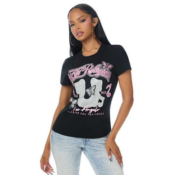 True Religion Women's Crystal Horseshoe Logo Crewneck T-shirt In Black