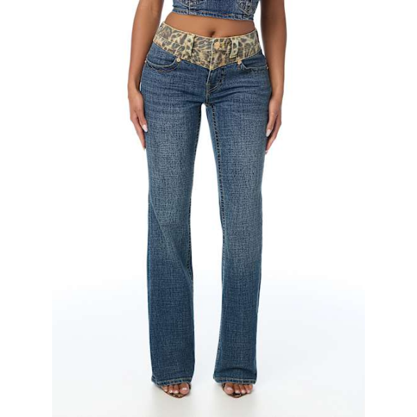 Women's Becca Mid Rise Leopard Block Flap Bootcut Jean