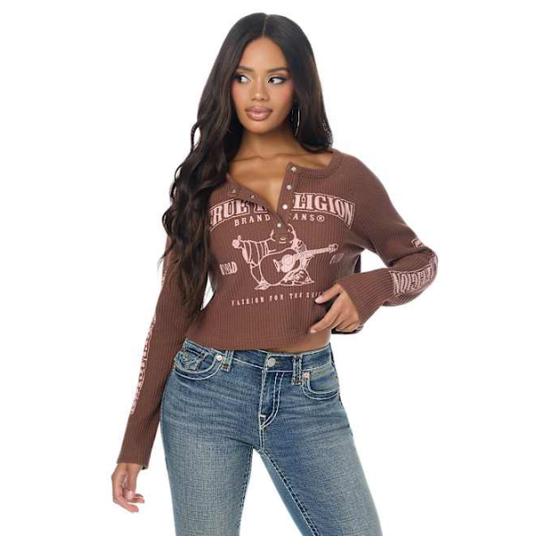 Women's Waffle Knit Henley Shirt Top | Mustang | Size Medium | True Religion