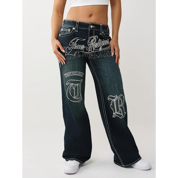 Women's Bobbi Mid Rise Embroidered Big T Baggy Jean