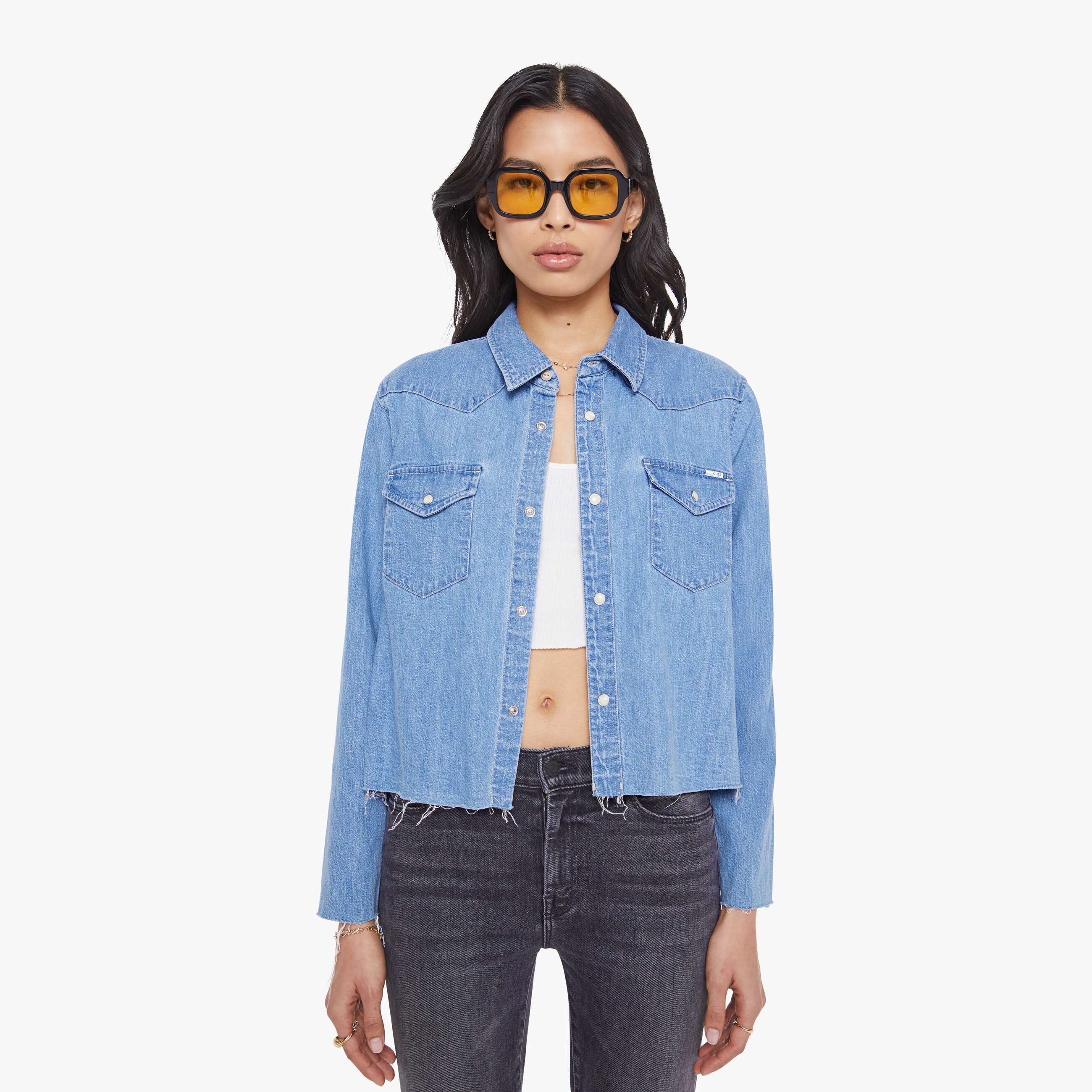 Mother The Super Exes Crop Step Fray Playing For Keeps Shirt In Blue