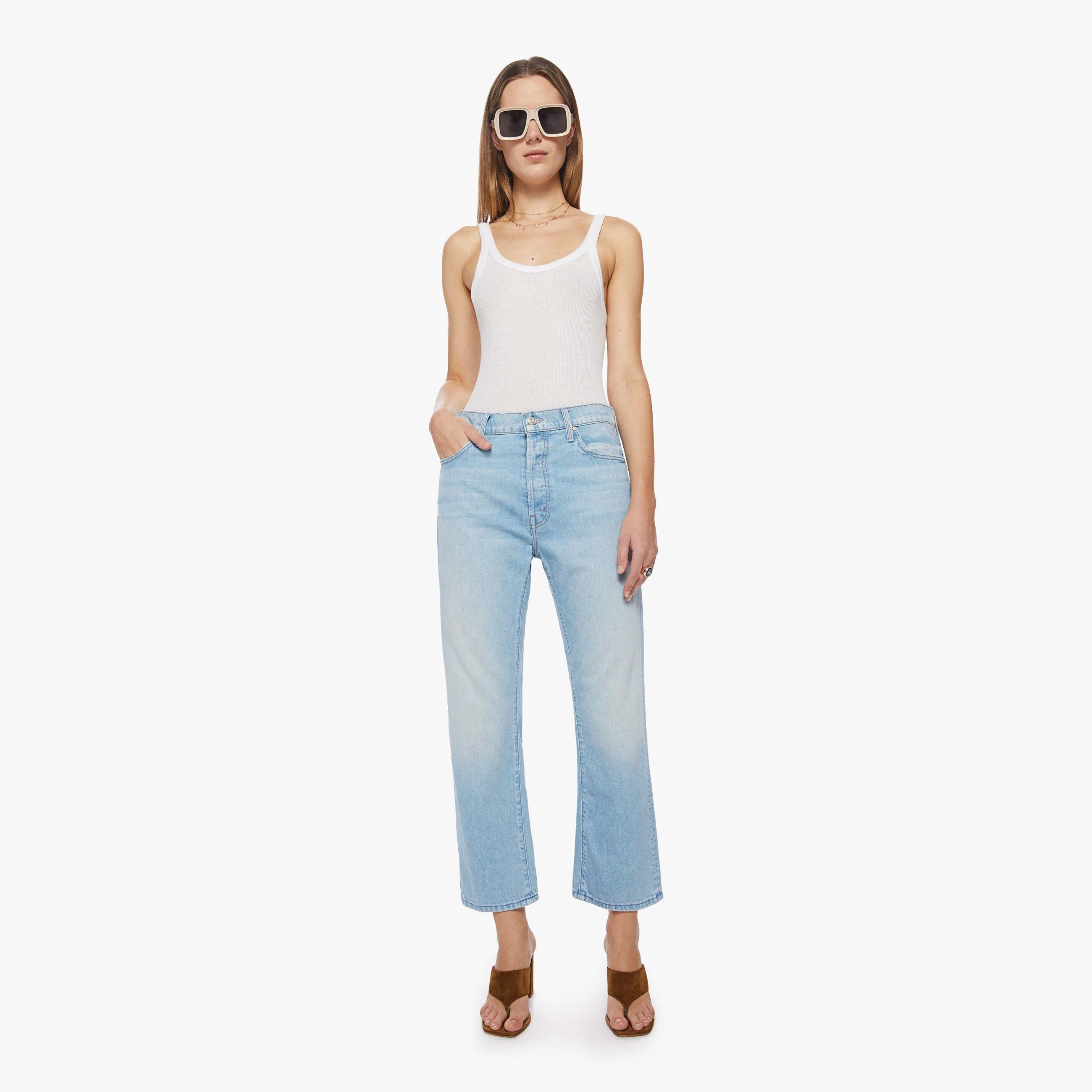 Shop Mother The Ditcher Crop Unripped Jeans In Blue - Size 31