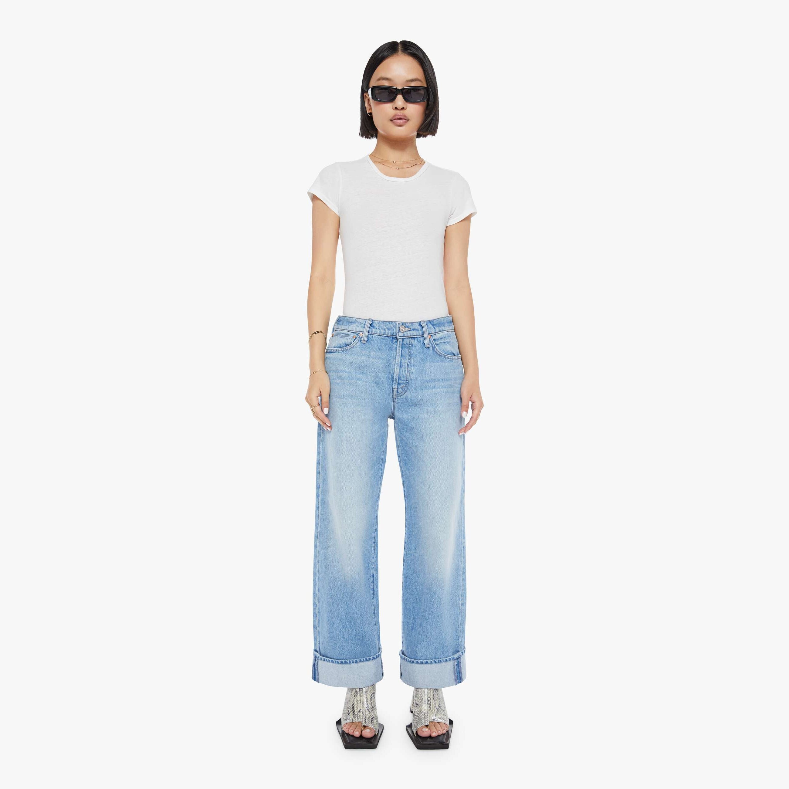 Mother Lil Dodger Button Hover Cuff Wide Leg Jeans In Multi