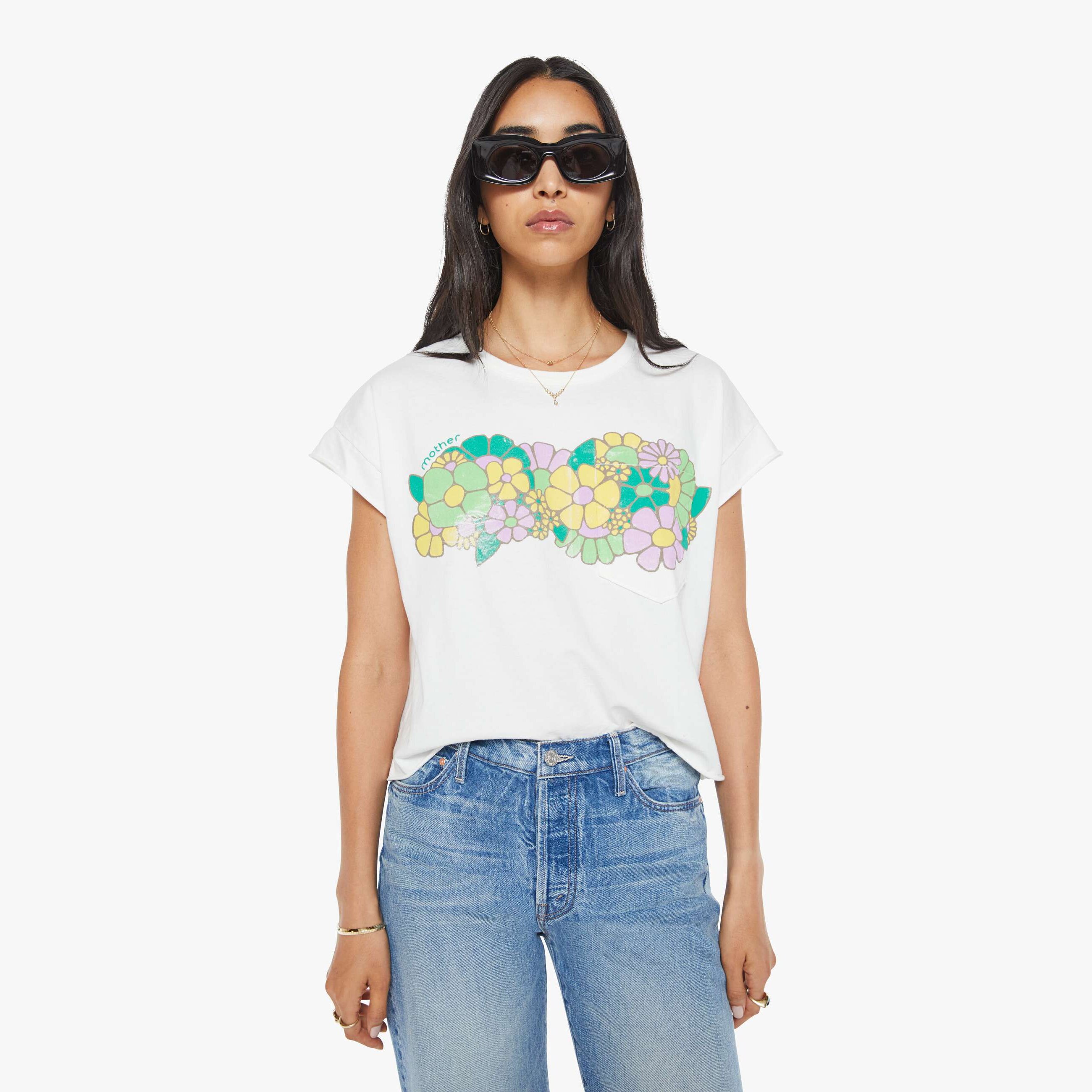 Mother The Keep On Rolling Pocket Tee In Flower Patch In White