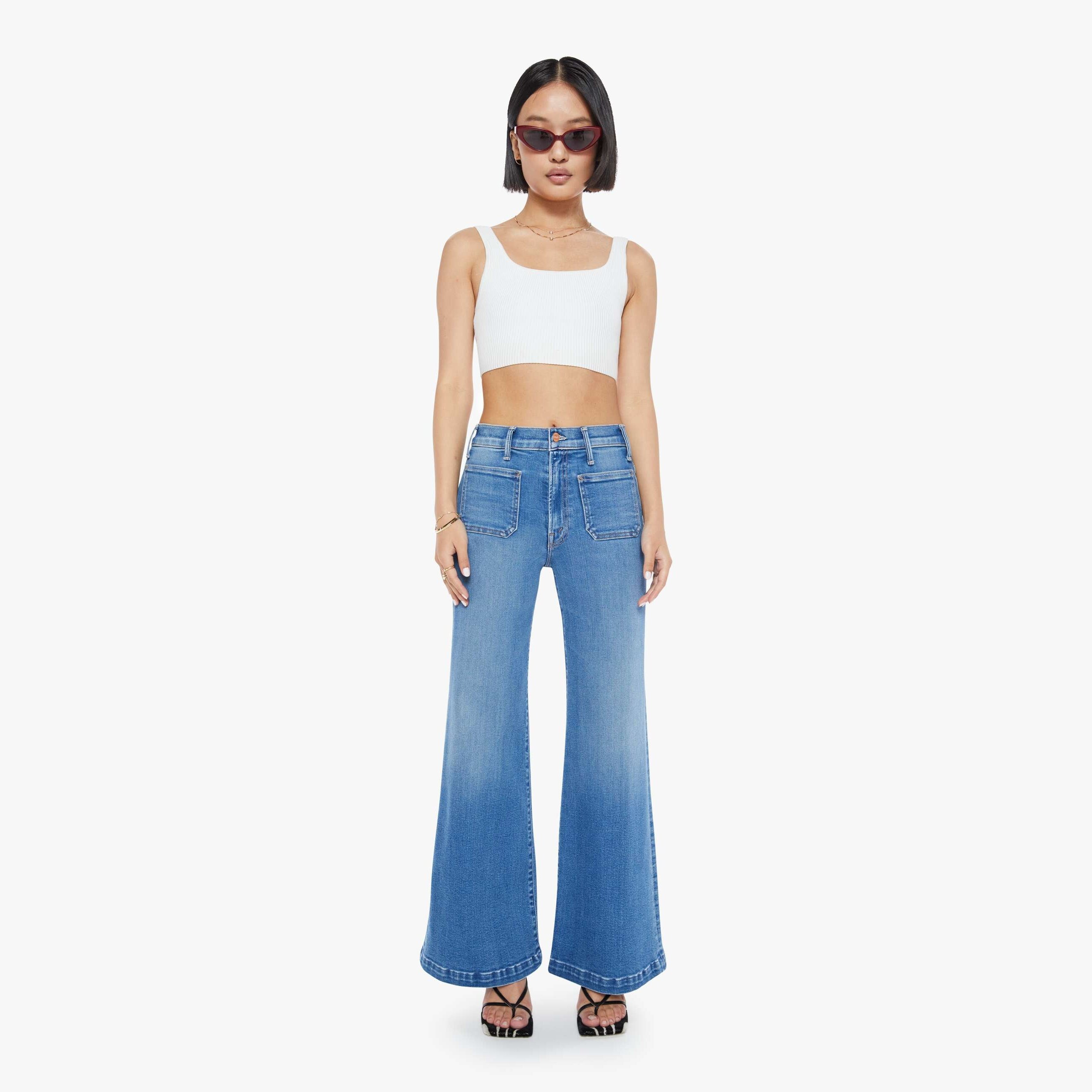 Mother Petites The Lil Hustler Roller Patch Pocket Sneak Piece By Piece Jeans In Blue