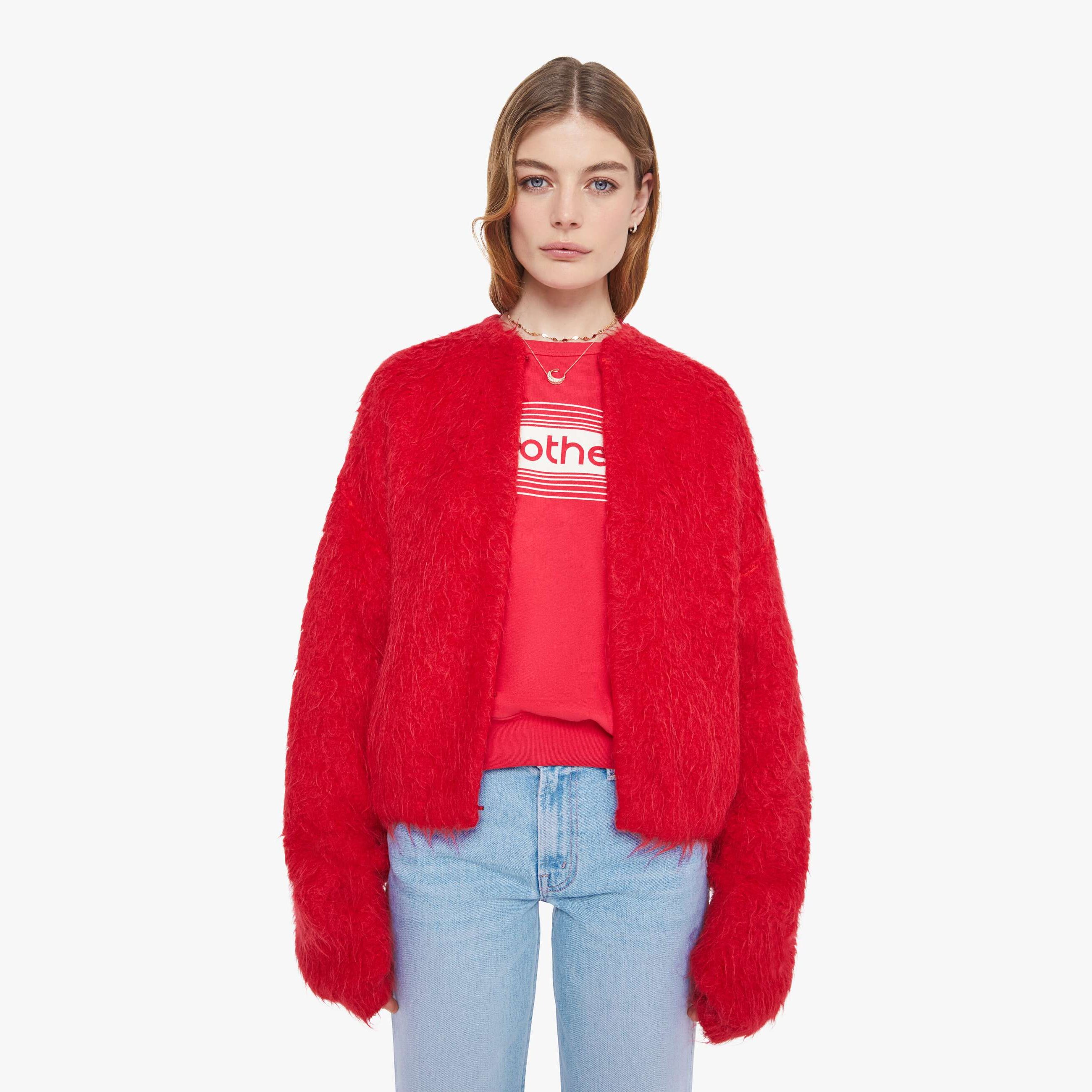 Mother The Drop Bubble Cardigan Fuzz Ball Shirt In Red