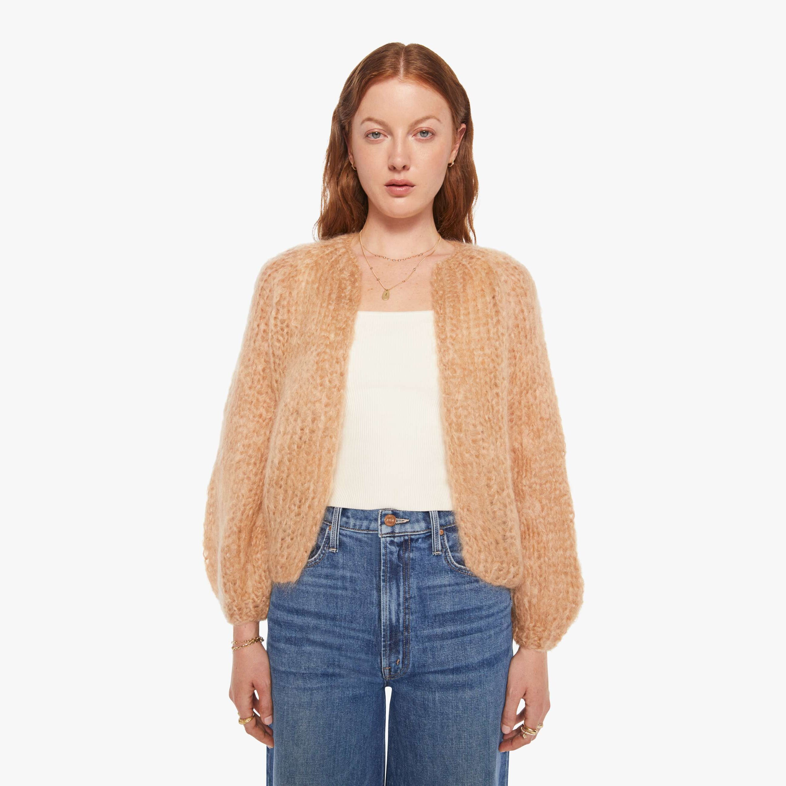 Maiami Mohair Puffy Sleeve Small Cardigan Shirt In Camel - Size M/l In Blue