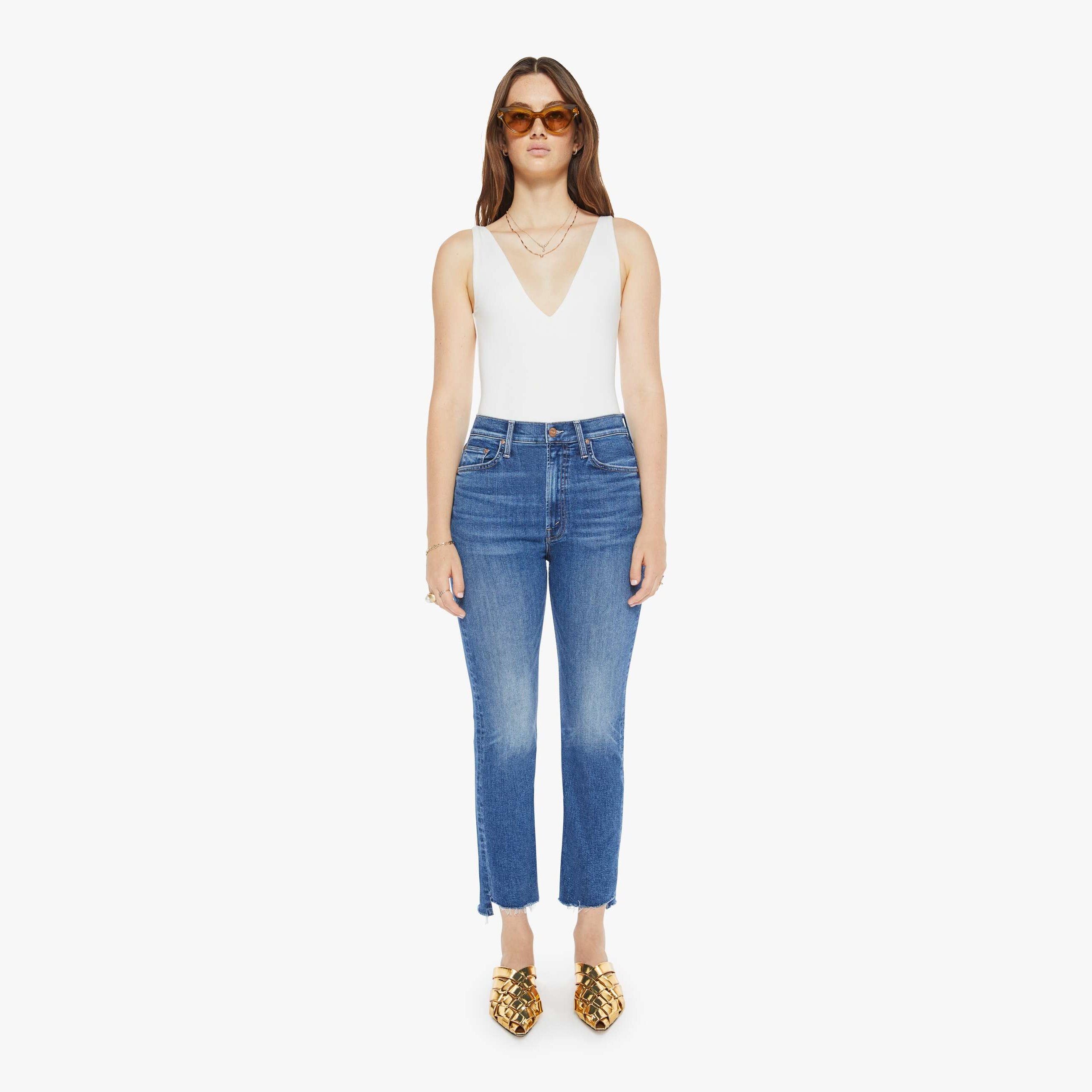 Mother The High-waist Rider Ankle Step Fray Jeans In Multi