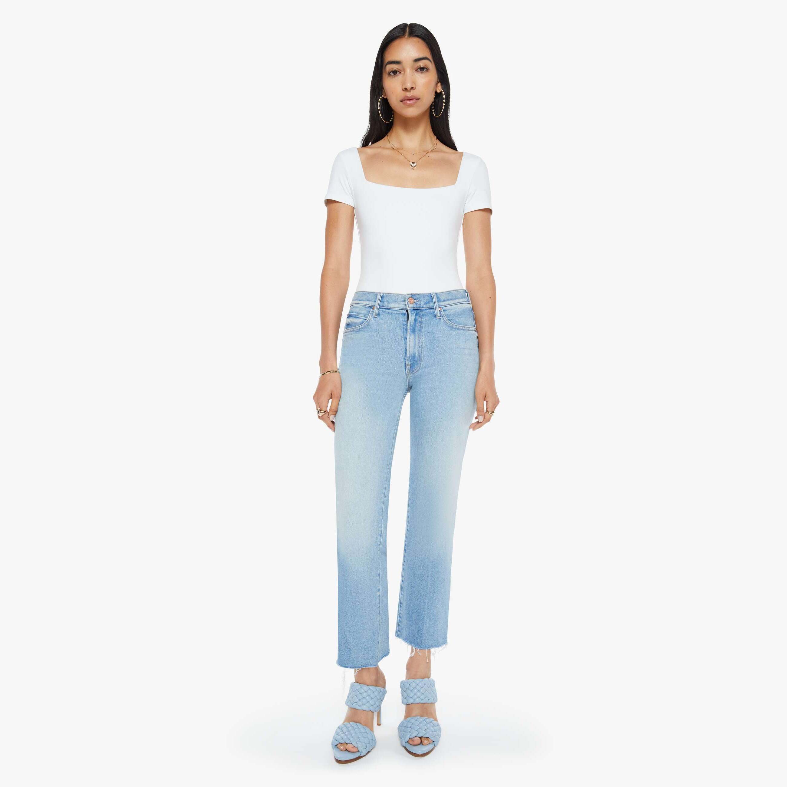 Mother Kick It Ankle Fray Straight Leg Jeans In Can You Dig It In Light Blue