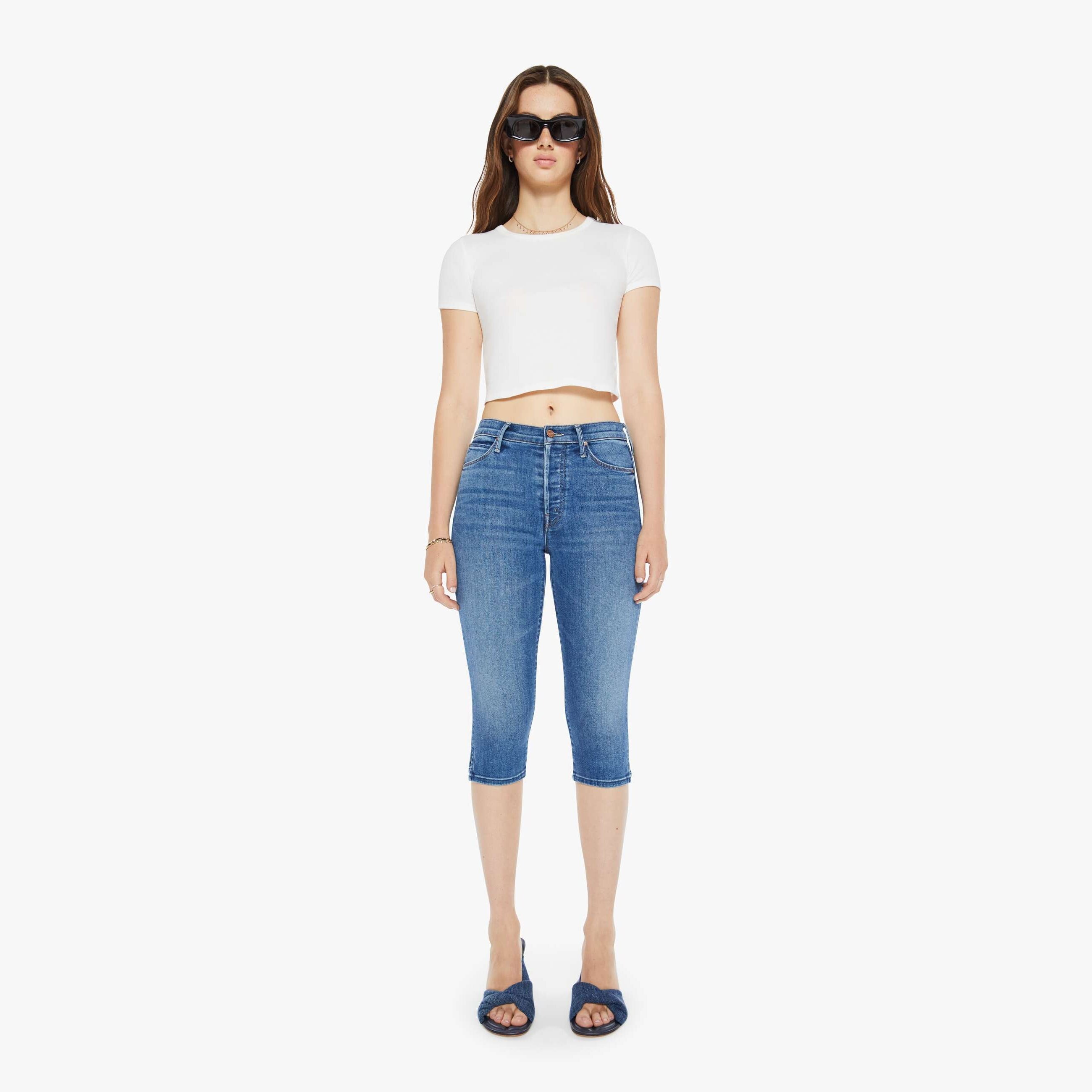 Mother The Stunner Bunny Snip High Rise Cropped Jeans In Connect The Dots In Blue