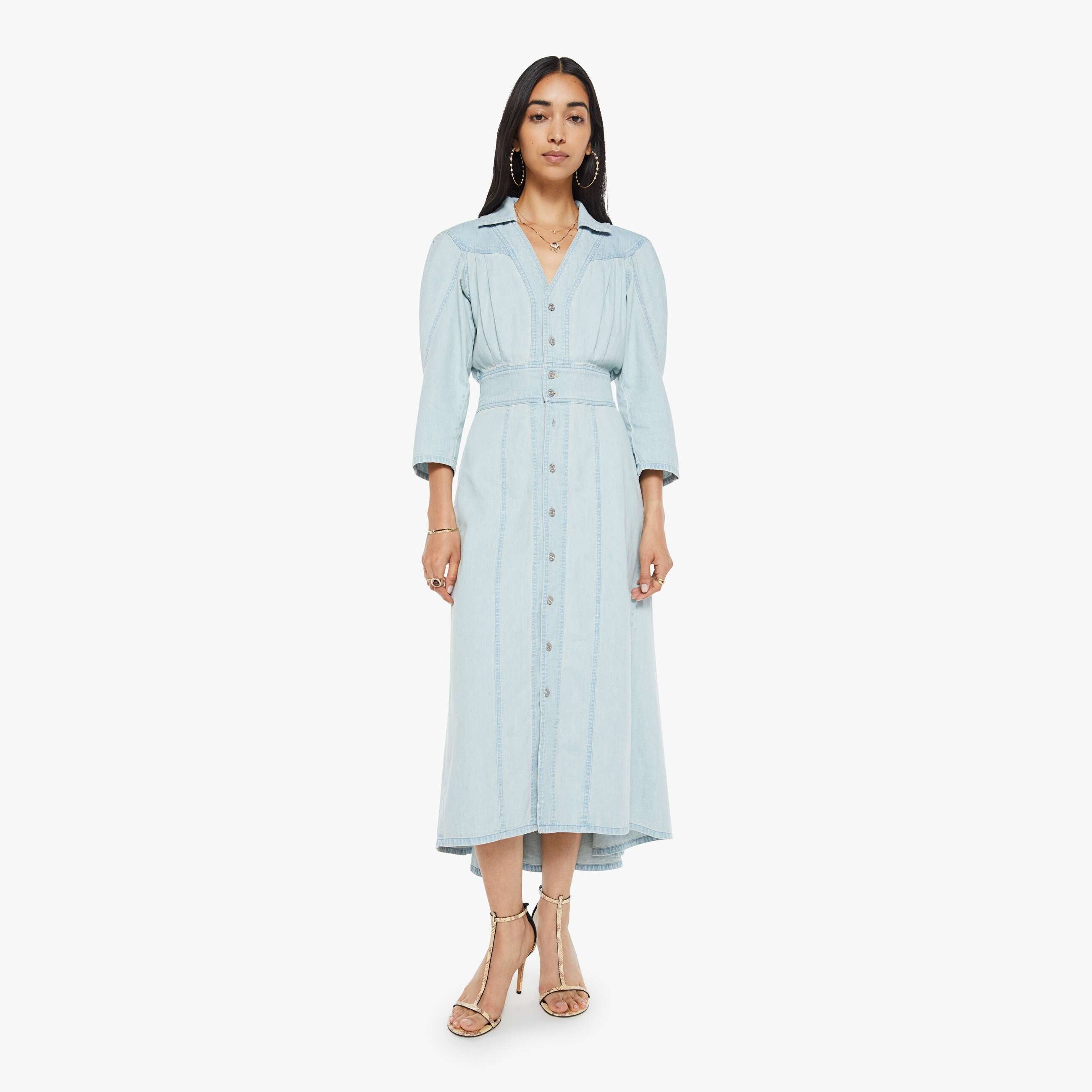 Mother The Rhapsody High-low Midi Denim Dress In Light Blue