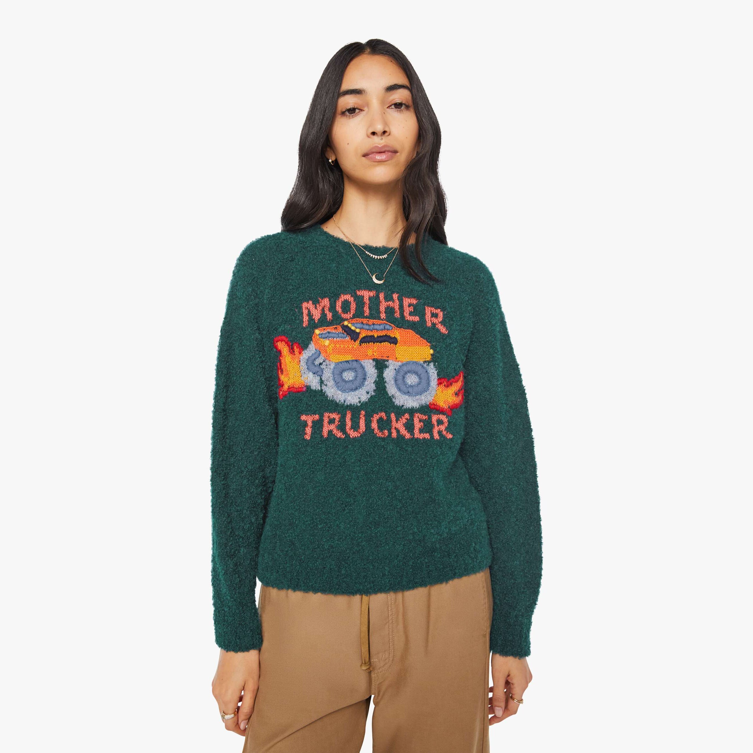 Mother Trucker Alpaca Blend Graphic Crewneck Sweater In Green