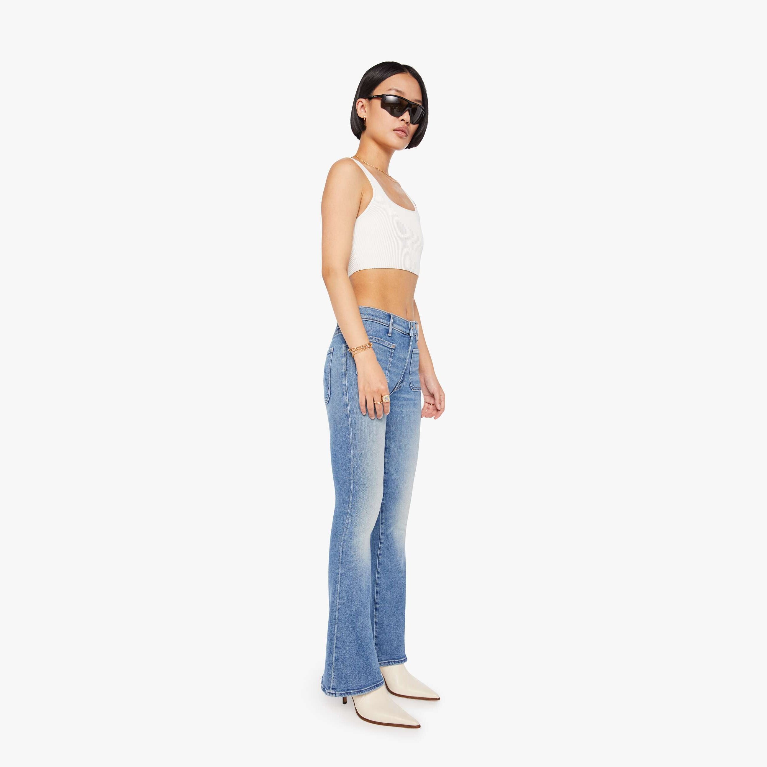 Mother Petites The Lil Patch Pocket Weekender Poppin' Wheelies Jeans In Blue