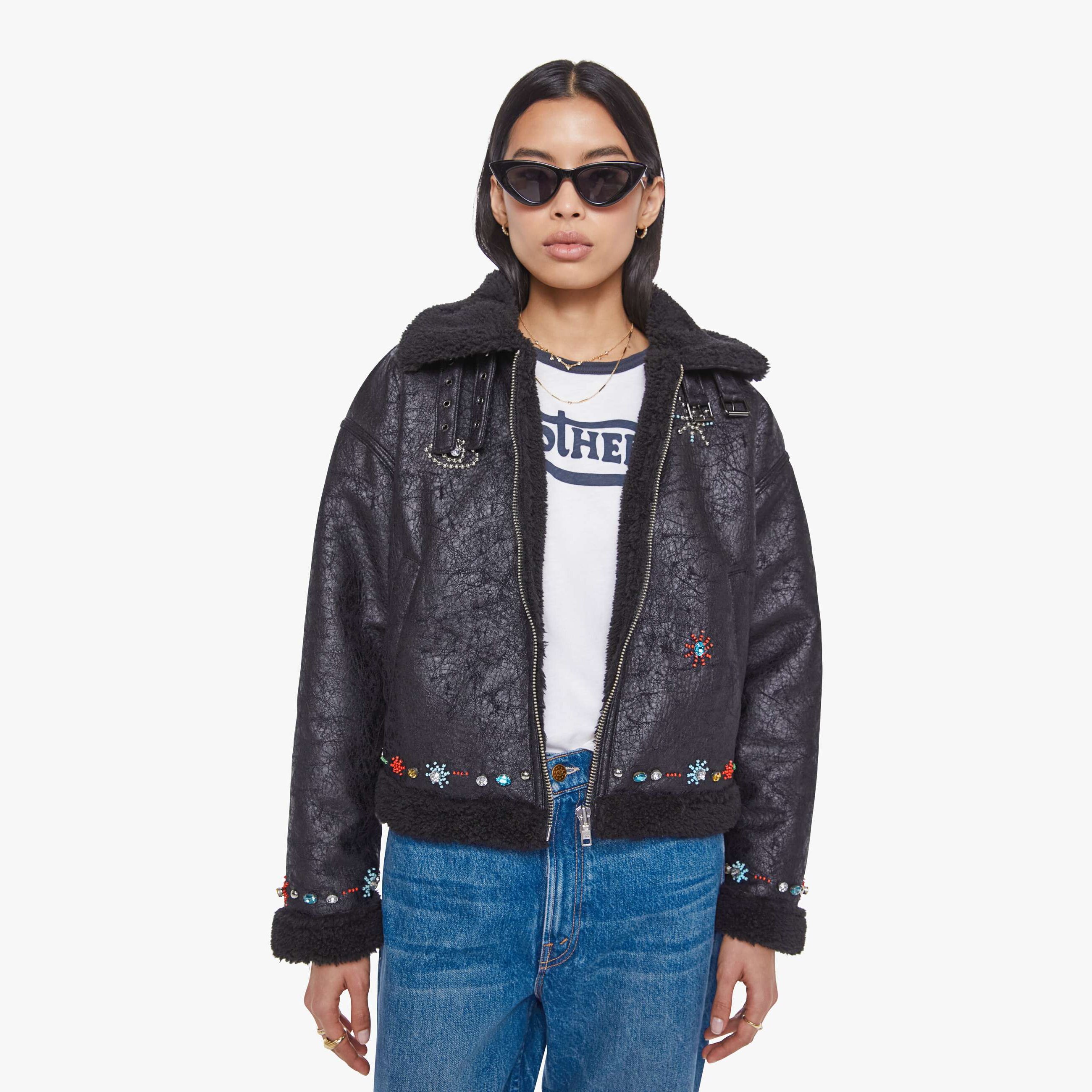 Mother The Strappy Crystal Detail Faux Shearling Jacket In Black