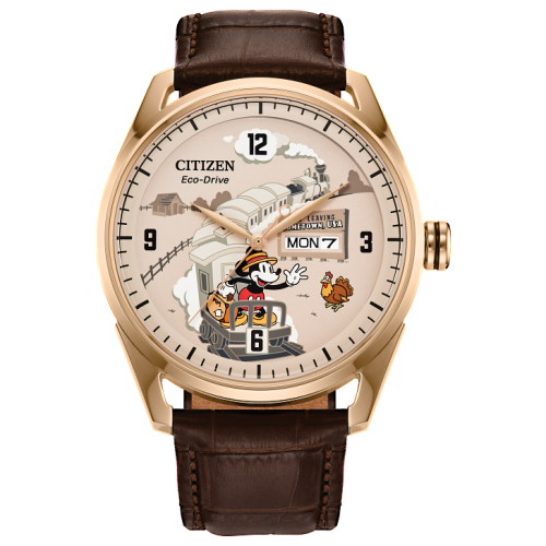 Citizen Disney's 42mm Mickey Mouse Hometown Eco-Drive Watch with Gold Tone Stainless Steel Case & Brown Leather Strap - AW0088-04W, Men's